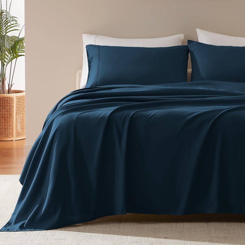 SLEEP ZONE Nanotex Super Soft Cooling Full Size Bed Sheets Set 4 Piece - Easy Care Fitted Flat Sheet & Pillowcase Sets - Wrinkle Free, Fade Resistant, Deep Pocket 16" (Navy Blue, Full) - Image 1